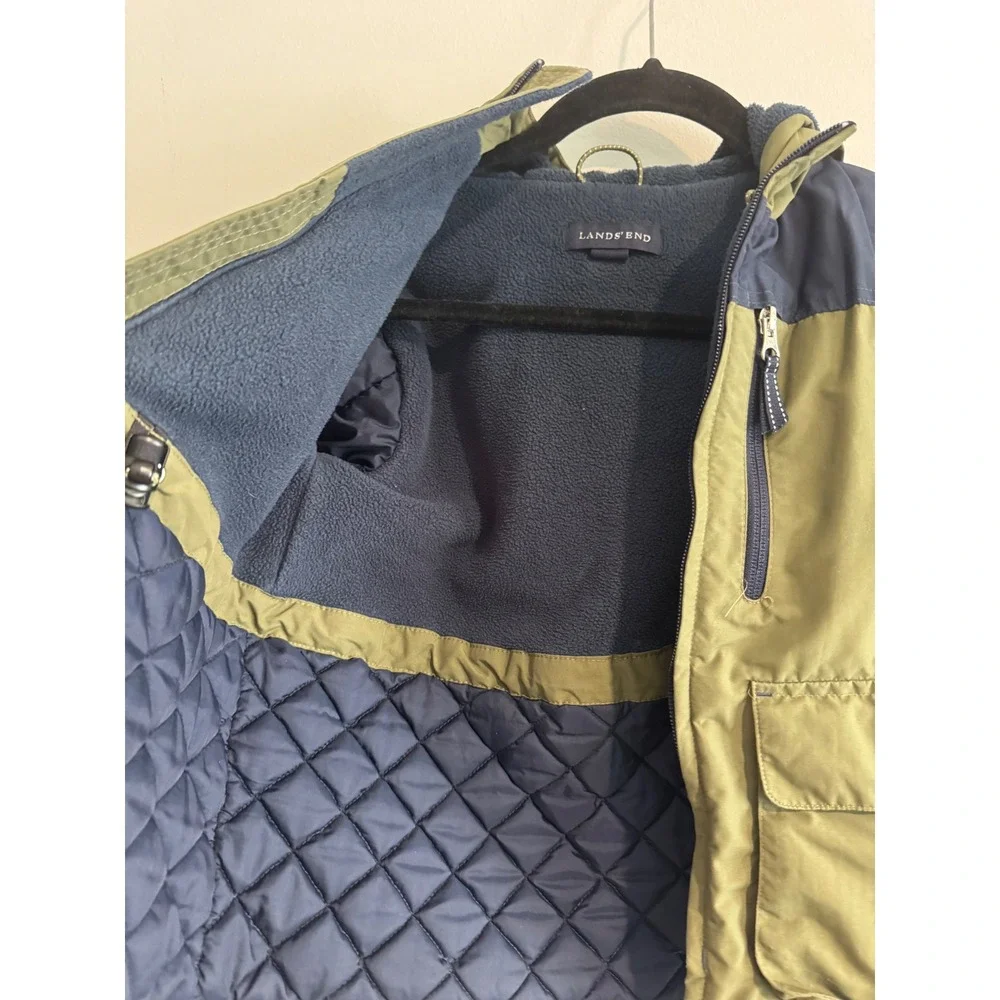 Lands End Squall Hooded Winter Jacket Boys Size 4 Green Blue Fleece Lined